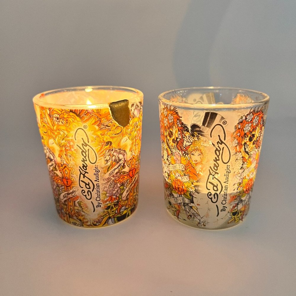 Ed Hardy Christian Audigier Votive Holder Shot Glass Collectible Lot of 2